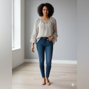 MAX STUDIO Cream Black Geometric Bell Sleeve Ruffle Hem Blouse Top S